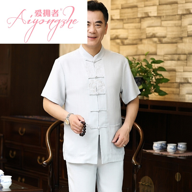 棉麻男士唐装套装中老年大码中式短袖衬衫汉服