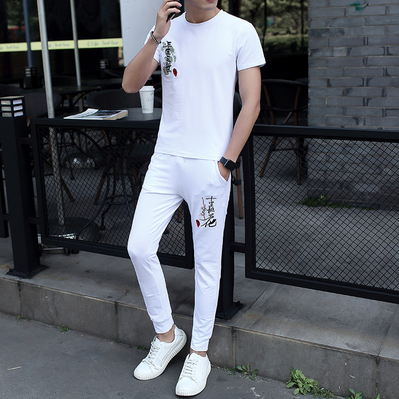 新款男士休闲套装夏季2017新款韩版潮流t恤九分裤短袖两件套男装夏装
