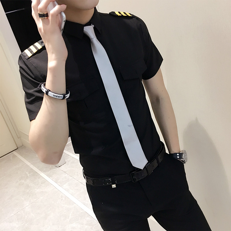 2016夏季青年空军机长海军空少制服短袖衬衫男修身衬衣美发师