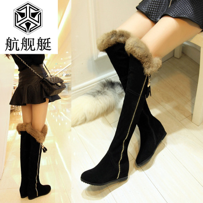 冬全牛皮磨砂女靴平底内增高中跟长筒靴过膝长靴兔毛靴加绒流苏靴