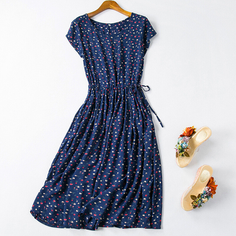 2017夏季新款女纯棉绵绸裙子短袖碎花修身人造棉中长款棉绸连衣裙l5