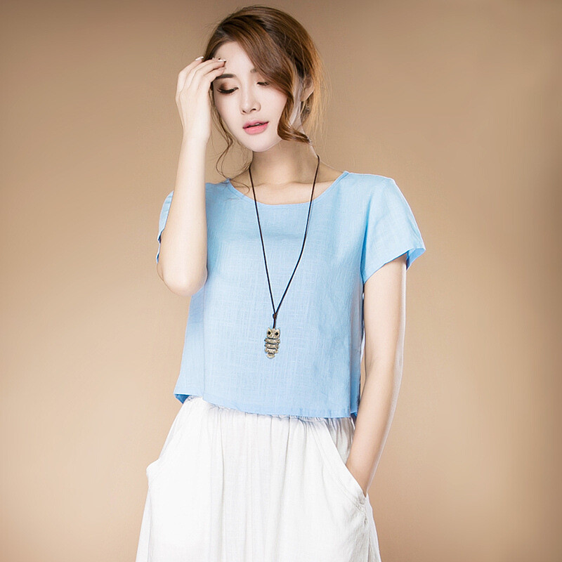 显瘦棉麻女装高腰大码短款t恤 韩版宽松短袖亚麻料短装上衣女夏装l5
