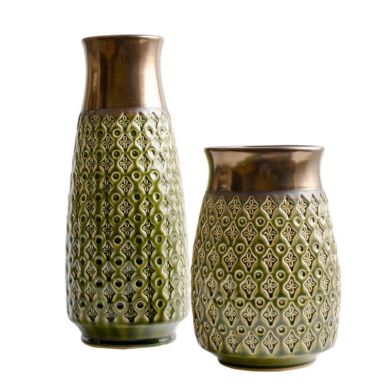新中式陶瓷绿浮雕花瓶摆件 家居装饰品样板房客厅桌面摆设