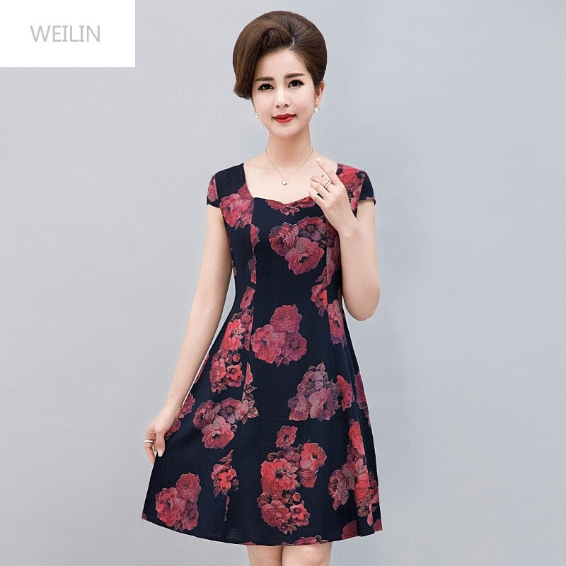 WEILIN夏款中老年女装棉绸连衣裙中年妈妈装