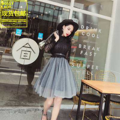 2017秋新名媛气质修身拼接高腰网纱长袖蕾丝连衣裙女