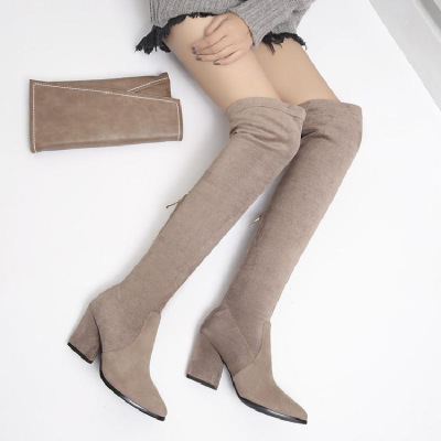女鞋新款秋冬女靴粗跟高跟过膝长靴弹力靴高筒靴尖头女靴