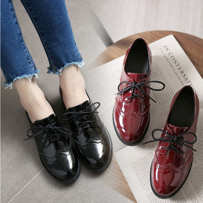欧美单鞋女粗跟圆头百搭系带学生复古小皮鞋学院风春秋季新款