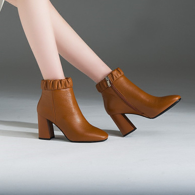 欧美时尚冬季新款棕色方头粗跟高跟女靴子气质绒里女短靴