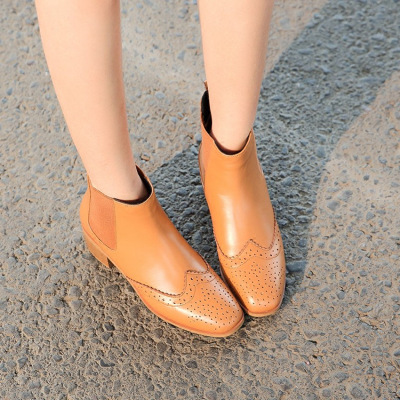 鞋匠定制秋冬英伦风牛皮布洛克复古雕花切尔西粗跟短靴马丁靴