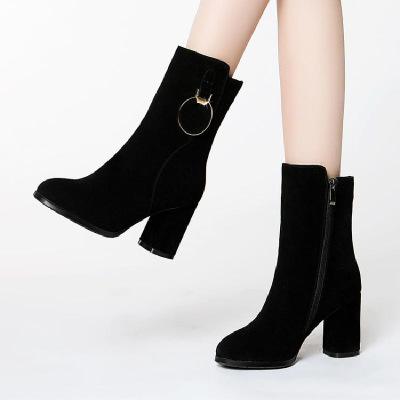 秋冬新款磨砂牛皮粗跟短靴女中筒靴加绒保暖高跟女靴子