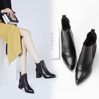 女短靴松紧一脚踩秋冬中跟粗跟单靴尖头裸靴英伦切尔西靴