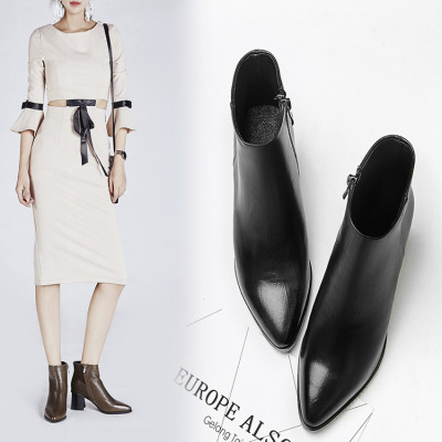 秋冬新款粗跟单靴女高跟尖头短筒裸靴加绒保暖短靴马丁靴