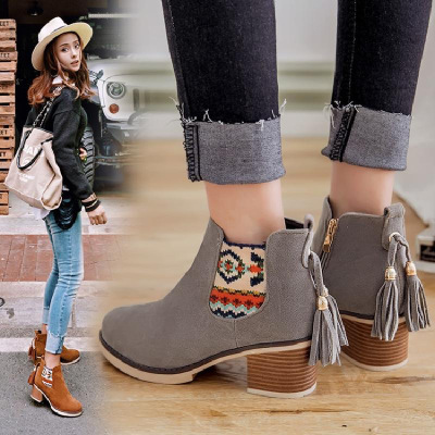 秋冬韩版女靴新款磨砂圆头粗跟短靴女流苏靴马丁靴高跟靴女鞋