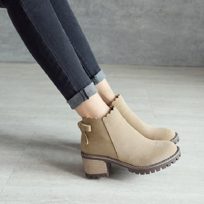 秋冬季圆头高跟马丁靴女英伦风单靴韩版粗跟中跟短靴女学生鞋百搭