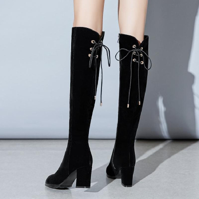 冬季新款高筒靴圆头粗跟侧拉链磨砂绒面高跟鞋7厘米过膝长靴