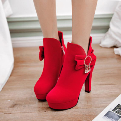冬季新款高跟鞋女粗跟蝴蝶结短靴红色婚鞋新娘鞋磨砂绒面加绒