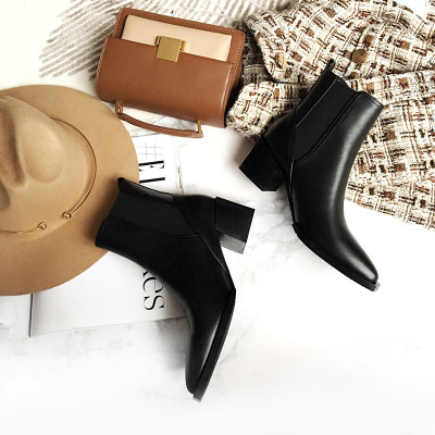 冬季女鞋子新款潮真皮百搭短靴春秋高跟粗跟韩范儿尖头马丁靴