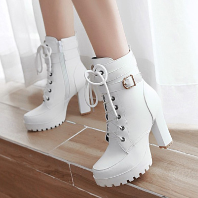 欧美英伦皮带扣系带马丁靴新款粗跟高跟短靴女春秋季短筒靴子