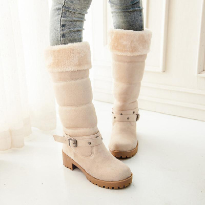 韩版学院风秋冬新款保暖雪地靴方跟中跟中筒靴磨砂甜美大码