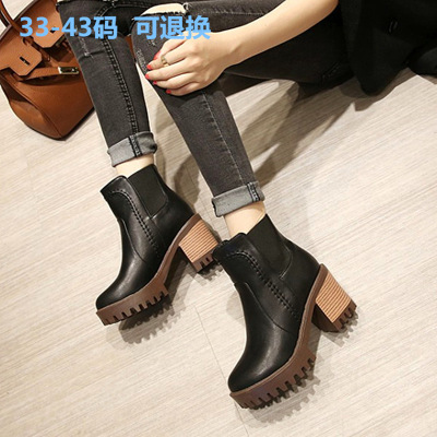 英伦风春秋冬季新款女靴短筒马丁靴粗跟高跟短靴黑色单靴休闲女鞋