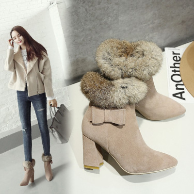 兔毛雪地靴甜美蝴蝶结粗跟高跟鞋真皮短靴17新款及踝靴尖头女鞋ol