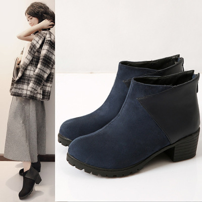 韩版潮磨砂拼接粗中跟女鞋子秋冬新款学生可爱后拉链单短靴马丁靴