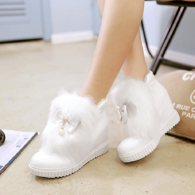 秋冬季平底蝴蝶结内增高带毛毛白色雪地靴加绒加厚棉鞋短靴女靴子