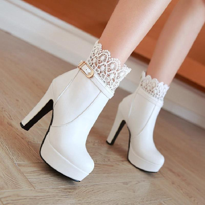 超高跟短靴女春秋单靴厚底防水台蕾丝靴时尚性感裸靴秋冬季女靴