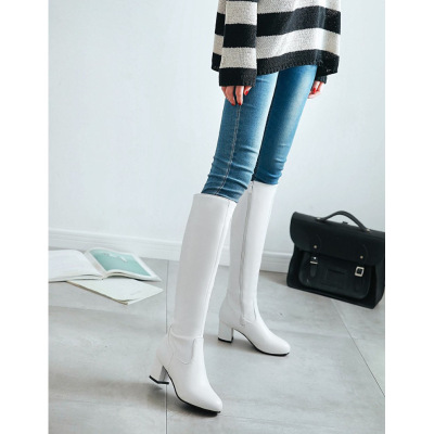 新款女鞋靴子女春秋高筒靴马丁靴中跟粗跟女靴长靴白色女鞋