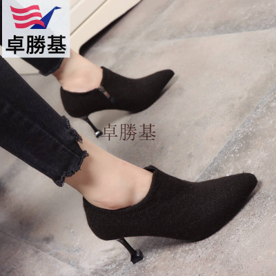 女鞋秋冬新款细跟短靴女时尚猫跟鞋深口及裸靴侧拉链尖头百搭女靴
