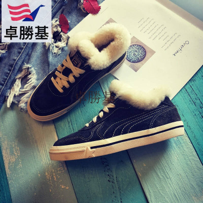 女鞋原宿磨砂女鞋毛毛保暖鞋韩版平底踝靴秋冬款系带百搭休闲鞋子