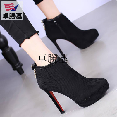 尖头超高跟短靴细跟防水台时尚女靴冬新款性感水钻加绒马丁靴