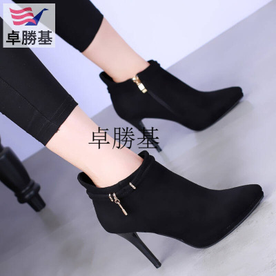 尖头高跟短靴细跟加绒棉靴冬季新款性感皮带扣黑色百搭马丁靴黑色