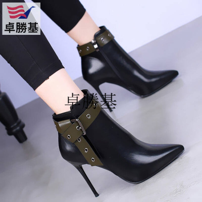 冬季新款尖头高跟短靴细跟马丁靴性感皮带扣加绒女靴百搭裸靴黑色