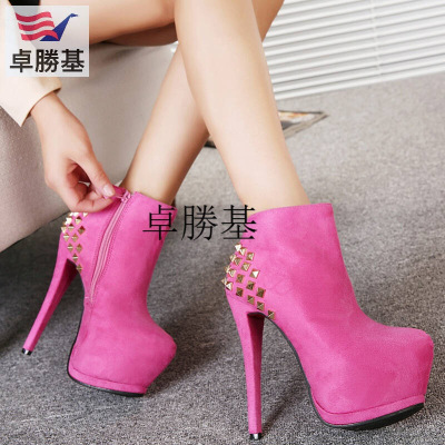 秋冬新款女鞋高跟鞋柳钉性感夜店鞋厚底防水台细跟短靴及裸靴