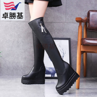 女士鞋靴子女冬季新款韩版百搭女士厚底黑色长筒靴内增高过膝长靴女黑色(加绒)