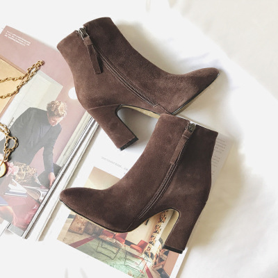 棕色真皮高跟靴咖啡色流苏拉链裸靴圆头粗跟短靴磨砂皮黑色短靴女