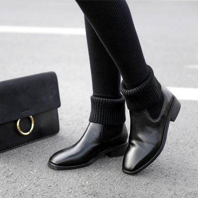 袜子鞋冬季女加绒带袜靴女粗跟平底短靴切尔西平跟马丁靴子