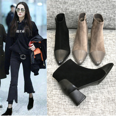 欧洲站冬季新款真皮尖头粗跟中跟短靴女磨砂高跟马丁靴裸靴女