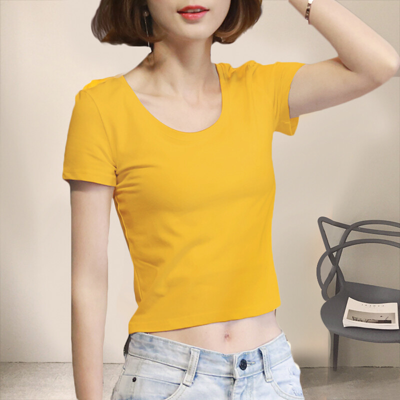 卡维妲2017夏装露脐上衣服黑色高腰t恤女超短款修身漏肚脐纯棉紧身