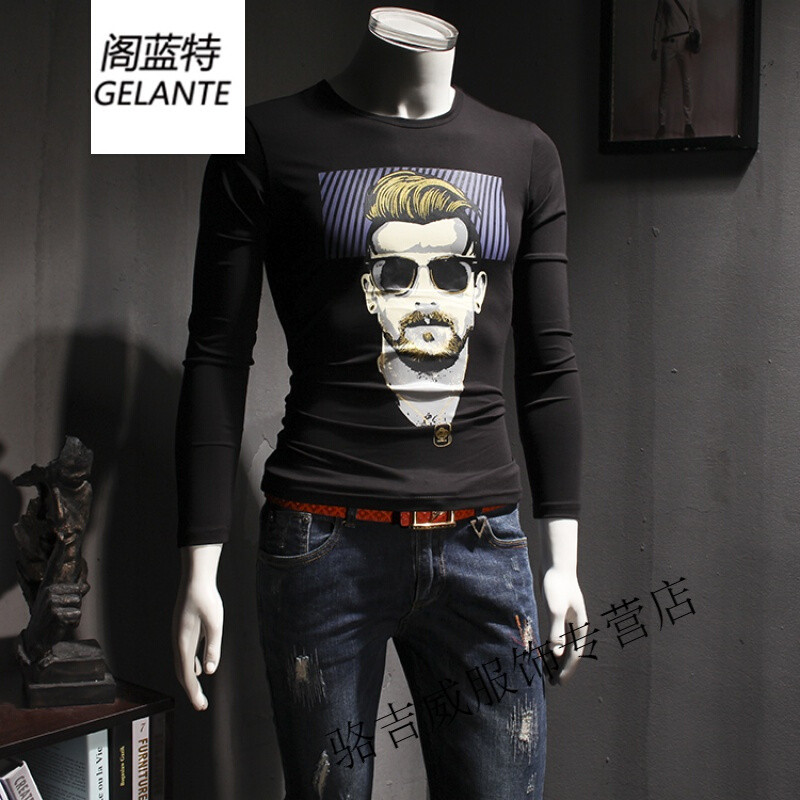 欧美简约男士长袖T恤2017秋季新品人头图案个