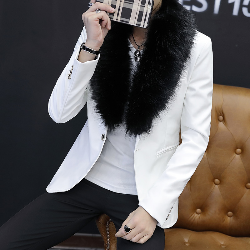 2018冬季新款时尚小西装男韩版修身毛领加绒pu皮西服青少年潮流外套男