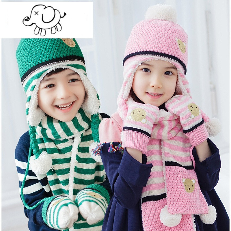 韩版可爱儿童帽子围巾手套三件套冬男童女童加厚围脖学生保暖套装