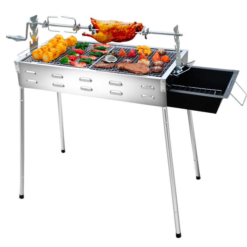 户外大号烧烤炉烤架不锈钢抽拉家用户外木炭便携加厚烧烤架