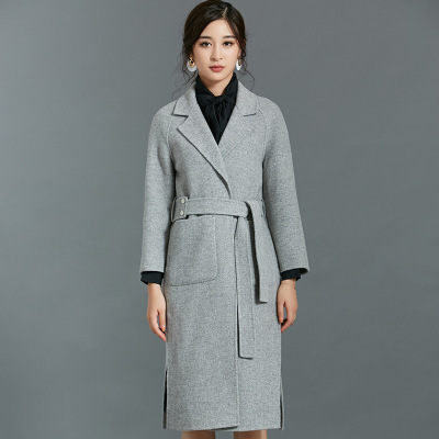 冬新款手工双面人字羊绒中长大衣大气羊毛呢外套女人字纹灰