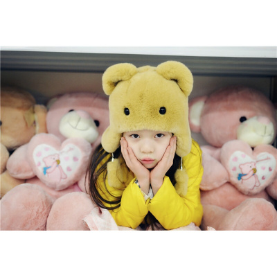 新款獭兔毛小熊帽子儿童獭兔皮草帽子獭兔帽毛绒儿童帽