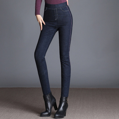 牛仔羽绒裤冬季新款加绒加厚休闲裤女高腰显瘦小脚裤韩版蓝色