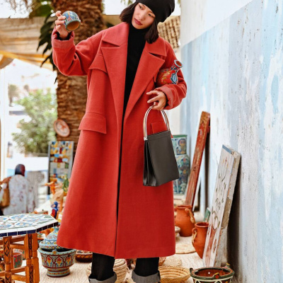 冬季新款精品大码女装时装定制羊绒定染大红色羊毛尼大衣红色