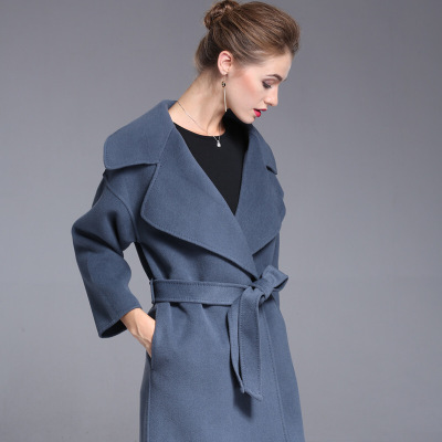 欧洲站冬新品廓型定制雾霾蓝羊毛羊绒中长款外套双面羊毛大衣雾霾蓝
