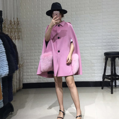 中长款狐狸毛口袋双面尼斗篷外套女新款韩版高端羊绒大衣